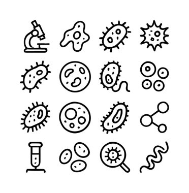 Biyoloji, tıp ve bilim için karalama stili simgelerinin vektör çizimi. Beyaz arka planda izole edilmiş mikroskop, test tüpü, bakteri, virüs ve hücre sembolleri içerir.