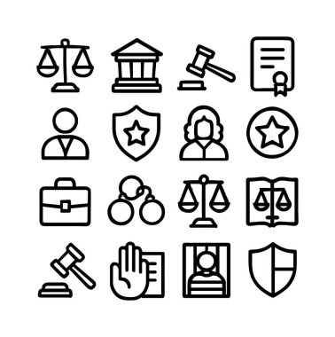 Hukuki ve hukuki temalar için ince çizgi simgelerinin toplanması. Mahkemenin, suçun, cezanın ve kolluk kuvvetlerinin sembolleri. Kolay kullanım için beyaz bir arkaplanda izole.