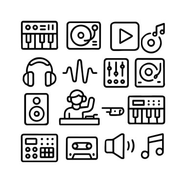 Müzik, ses üretimi ve DJ 'likle ilgili basit çizgi simgelerinden oluşan bir koleksiyon. Plak tablosu, sentezleyici, kulaklık, karıştırıcı, hoparlör ve ses dalgası sembolleri içerir.