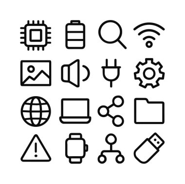 16 temel teknoloji ve UI simgelerinden oluşan temiz, doğrusal bir koleksiyon. İşlemci, pil, arama, wifi, görüntü, ses, güç, ayarlar, internet, dizüstü bilgisayar, paylaşım, dizin, uyarı, smartwatch, ağ ve USB için semboller içerir.