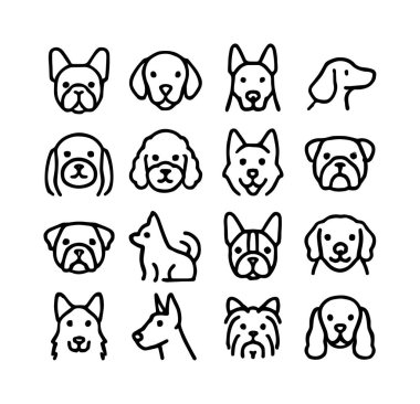 Çeşitli köpek türlerinin yer aldığı basit siyah taslak simgelerinden oluşan bir derleme. Bu set farklı kafa şekilleri ve tam vücut pozları içerir, web tasarımı veya evcil hayvan projeleri için mükemmeldir..