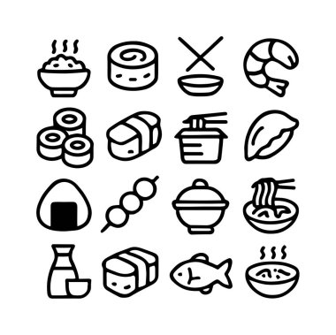 Suşi, ramen, onigiri ve dango gibi popüler Japon yemeklerini temsil eden basit siyah beyaz çizgi simgelerinden oluşan bir koleksiyon. Menüler, uygulamalar ve web siteleri için mükemmel.