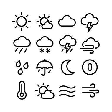 Güneş, bulutlar, yağmur, kar, rüzgar ve web ve mobil uygulama tasarımı için sıcaklık gibi hava koşullarını temsil eden on altı basit taslak ikon koleksiyonu.
