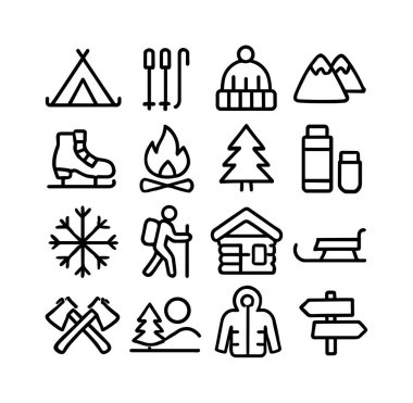 Kış aktivitelerini ve nesneleri temsil eden basit çizgi simgelerinden oluşan bir koleksiyon. Kamp, yürüyüş, kayak, buz pateni ve rahat kulübe hayatı için semboller içerir..