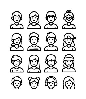 Onaltı farklı kullanıcı avatar simgesi koleksiyonu temiz bir çizgi sanat tarzında. Set, web profilleri, sosyal medya ve uygulama arayüzleri için çeşitli erkek ve kadın karakterleri içermektedir..