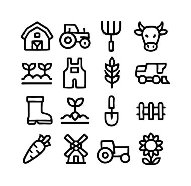 Tarımın, tarımın ve kırsal yaşamın çeşitli unsurlarını temsil eden on altı basit siyah ana hat ikonundan oluşan bir koleksiyon. Traktör, ahır, inek ve ekinler dahil. Beyaz bir arkaplanda izole edilmiş.