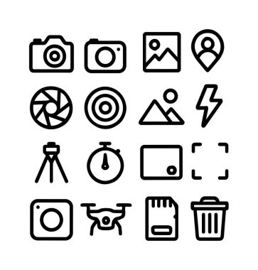 Kamera, galeri, flaş, tripod, dron ve silme gibi çeşitli fotoğraf işlevlerini temsil eden on altı siyah çizgi simgesinden oluşan bir koleksiyon. Web ve mobil uygulama arayüzleri için mükemmel.