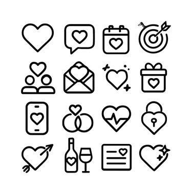 Aşk, romantizm, flört ve Sevgililer Günü 'nü temsil eden 16 minimalist çizgi ikonu koleksiyonu. Web ve mobil tasarım için kalp, yüzük, hediye ve mesajlar içerir.