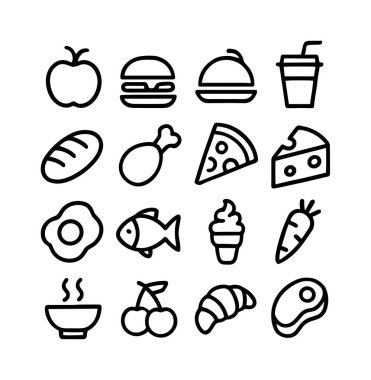 Meyve, fast food, yemek ve tatlı gibi çeşitli besin maddelerini temsil eden 16 adet minimalist taslak ikon koleksiyonu. Grafik tasarım projelerinde kolay kullanım için beyaz bir arkaplanda izole edilmiş.