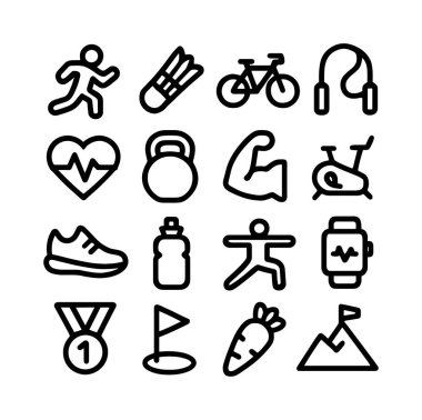 Çeşitli spor, fitness aktivitelerini ve beyaz arka planda izole edilmiş sağlıklı yaşam kavramlarını temsil eden 16 basit siyah çizgi simgesinden oluşan bir derleme..