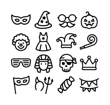 Bu ikon paketinde cadı şapkası, korsan kafatası, palyaço peruğu, soytarı şapkası ve kutlama için diğer eğlenceli şeyler var..