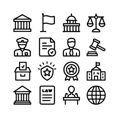 Yasal ve politik temalar için vektör simgesi ayarlandı. Beyaz üzerine izole edilmiş adalet, meclis binası, oy sandığı ve resmi belgeler gibi semboller.
