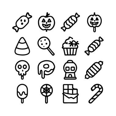 Çeşitli Cadılar Bayramı ikonlarını ve şekerleri temsil eden on altı adet siyah-beyaz taslak ikon koleksiyonu. Kabak, kafatası, lolipop, çikolata ve mısır şekeri sembolleri içerir.