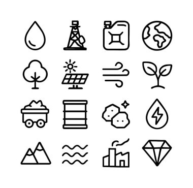 Enerji ve çevre temaları için vektör simgesi ayarlandı. Petrol, güneş, rüzgar, su, kömür ve diğer doğal kaynaklar için semboller içerir. Beyaz bir arkaplanda izole edilmiş.