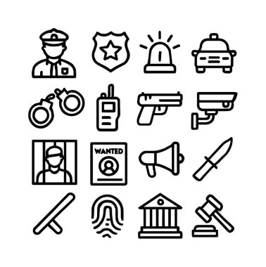 Suç, adalet ve güvenliği temsil eden siyah çizgi simgelerinden oluşan bir derleme. Bir polis memuruna ait semboller, kelepçeler, silah, hapishane ve internet ve mobil tasarım adliyesi.