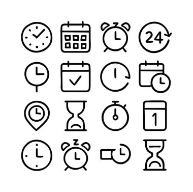 Saatler, takvimler, alarmlar, kum saatleri ve programlar gibi zamansal kavramları temsil eden 16 adet minimalist taslak simge koleksiyonu. Beyaz bir arkaplanda izole edilmiş.