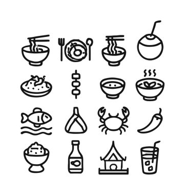 Geleneksel Tayland mutfağını temsil eden basit taslak simgelerinden oluşan bir koleksiyon. Beyaz arka planda izole edilmiş erişte, deniz ürünleri, köri, içecek ve kültürel elementler için vektör sembolleri içerir.