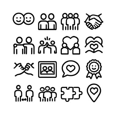 Arkadaşlığı, sevgiyi, toplumu ve sosyal bağlantıları temsil eden ince çizgi simgelerinden oluşan bir koleksiyon. El sıkışma, kalp, bir grup insan, beşlik çakma ve takım çalışması gibi semboller içerir.