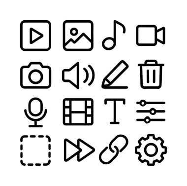 Oyun, kayıt, düzenleme ve ayarlar gibi ortak multimedya fonksiyonlarını temsil eden 16 minimalist çizgi simgesinden oluşan çok yönlü bir koleksiyon, modern UI tasarımı için mükemmel.