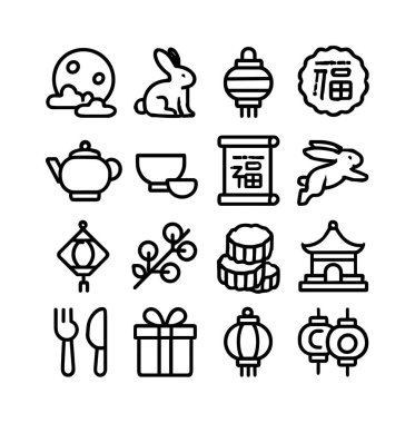 Sonbahar Festivali 'ni temsil eden basit siyah taslak simgelerinden oluşan bir koleksiyon. Beyaz arka planda ay, tavşan, fener, ay çöreği ve diğer geleneksel Çin bayramı öğelerini içerir..