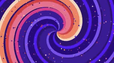 Mor ve turuncu tonlarda, perdeye saçılmış ışıltılı parçacıklar ile hipnotize edici bir şekilde dönen renkli bir sarmalın kusursuz bir döngüsü..