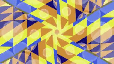 Soyut bir kaleydoskopik desenin büyüleyici, kusursuz döngüsü. Sarı, mavi ve turuncu üçgenlerde dönen özellikler hipnotik ve psikedelik görsel efekt yaratır..