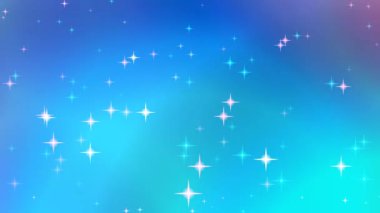 Işıldayan yıldızların ve parlak parçacıkların mavi, mor ve pembe renklerde canlı ve renkli bir arkaplanda yüzdüğü kusursuz bir döngü animasyonu..