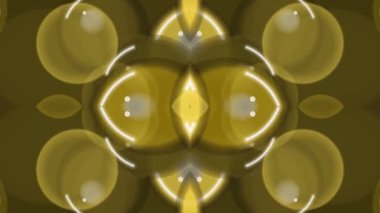 Değişen küreler ve parlayan beyaz çizgilerle simetrik altın kaleydoskop desenli büyüleyici soyut bir video dinamik ve hipnotik bir görsel deneyim yaratıyor..