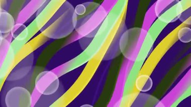 Canlı ve dinamik soyut bir arka plan, mor, yeşil ve sarı tonlarında renkli dalgalı çizgiler, şeffaf kabarcıklarla karışmış, neşeli ve enerjik bir görsel döngü oluşturur..