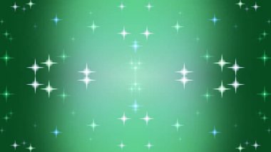 Parlak yeşil bir arka plan, sürekli yanıp sönen ve sürekli bir döngü içinde parlayan sayısız beyaz yıldızın yer aldığı hafif bir eğim etkisi var..