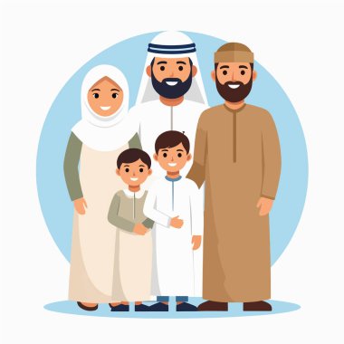 Arap ailesi geleneksel giysiler içinde gülümseyen bir aile sergiliyor sıcak bir portre için bir arada duruyorlar.