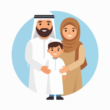 Müslüman bir babanın aile portresi anne ve oğlu geleneksel giysiler içinde açık mavi bir zemine karşı dostça ifadelerle