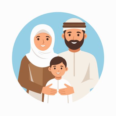 Arap aile portresi, geleneksel giyinmiş gülümseyen bir erkek ve çocuğu dairesel mavi bir arka planda gösteriyor.