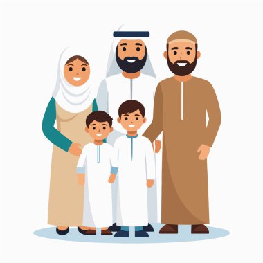 Geleneksel elbiseli iki çocuk ve ebeveynli bir Arap ailesinin aile sahnesi.