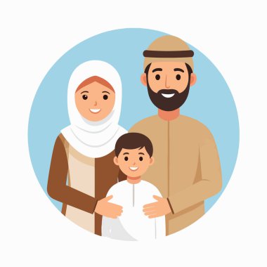 Müslüman bir anne ve oğulun aile çizimi mavi bir çemberin içinde sıcaklığı, birliği ve geleneği iletiyor.