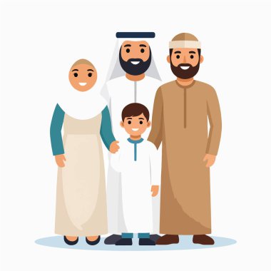 Geleneksel giysiler içindeki aile grubu basit bir ortamda bir arada duruyor.