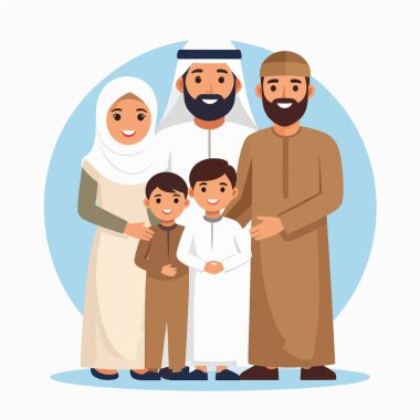 Müslüman aile portresi, açık mavi bir zemine karşı geleneksel elbiseli gülümseyen bir Arap ailesini gösteriyor.