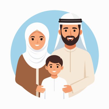 Aile portresi, açık mavi bir daireye karşı geleneksel giysili Müslüman bir baba ve çocuğu gösteriyor.