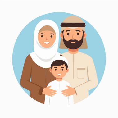 Aile çizelgesinde gülümseyen bir tesettür, anne sakallı bir baba ve açık mavi arka planda bir çocuk görülüyor.