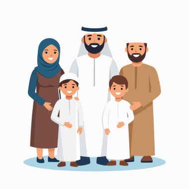 Aile çizimleri, gülümseyen Müslüman bir aileyi sıcak ve düz bir sanat tarzında gösteriyor.