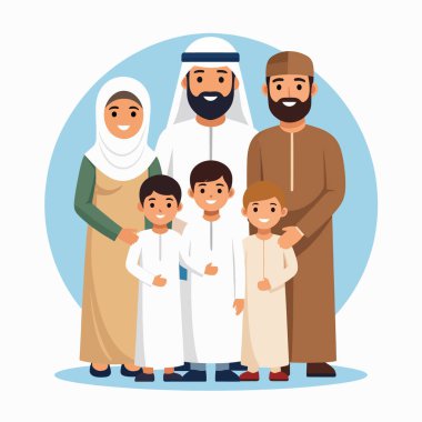 Geleneksel elbiseli Arap yetişkinler ve çocuklardan oluşan bir aile grubu bir stüdyo resminde birlikte poz veriyorlar.