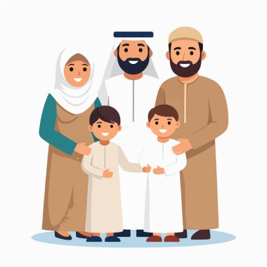 Arap ailesi, geleneksel elbiseli ebeveynler ve iki çocukla sıcak bir sahnede resmedildi.