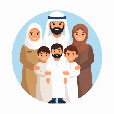 Yuvarlak mavi bir zeminde gülümseyen Arap bir ailenin aile portresi.