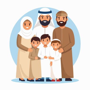 Grup Arabı Ailesi geleneksel elbiseli neşeli bir aile portresi. Sıcak bir sahnede birlikte gülümsüyorlar.