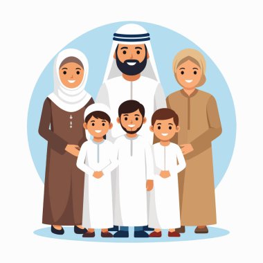 Arap ailesi geleneksel elbiseler içinde gülümseyerek ve birleşerek bir araya geldiler.