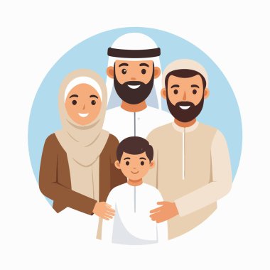 Müslüman aile illüstrasyonu, aile birliğini kutlayan sıcak bir arka planda birlikte gülümseyen ebeveynleri ve çocukları gösteriyor.