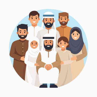 Orta Doğu 'daki çeşitli bir grubun aile portresi sıcak bir dostluk çemberi içinde yan yana duruyor.