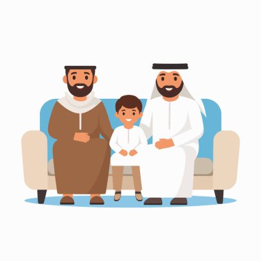 Arap ailesi geleneksel kıyafetleriyle kanepeye oturur sıcak aile anlarını sıcak bir şekilde gülümserler.