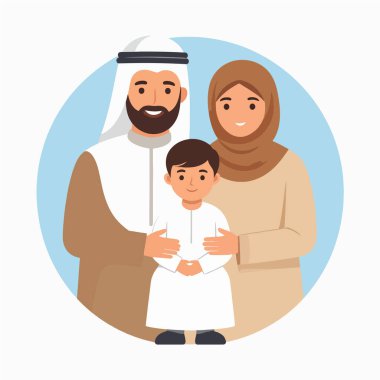 Arap ailesi, geleneksel bir Arap ailesinin sıcak portresi. Yumuşak mavi bir çemberin içinde birlik içinde duruyorlar.