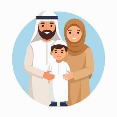 Geleneksel kıyafet içinde, yumuşak mavi bir halka karşısında aile grubu bir arada duruyor.